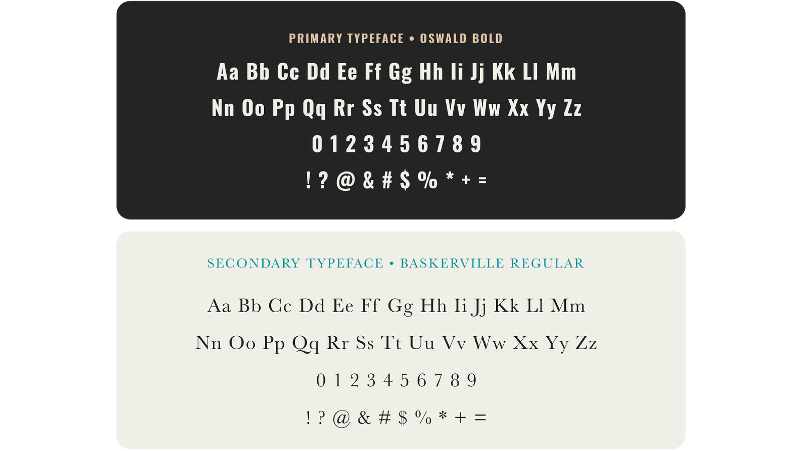 TCRJ Law brand typefaces: Oswald Bold as the primary typeface and Baskerville Regular as the secondary typeface