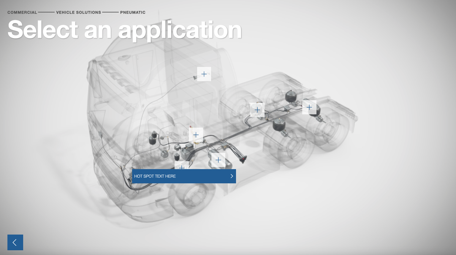 Voss touchscreen app "Select an application" screen showing pneumatic lines on a transparent 3D truck with tappable hotspots